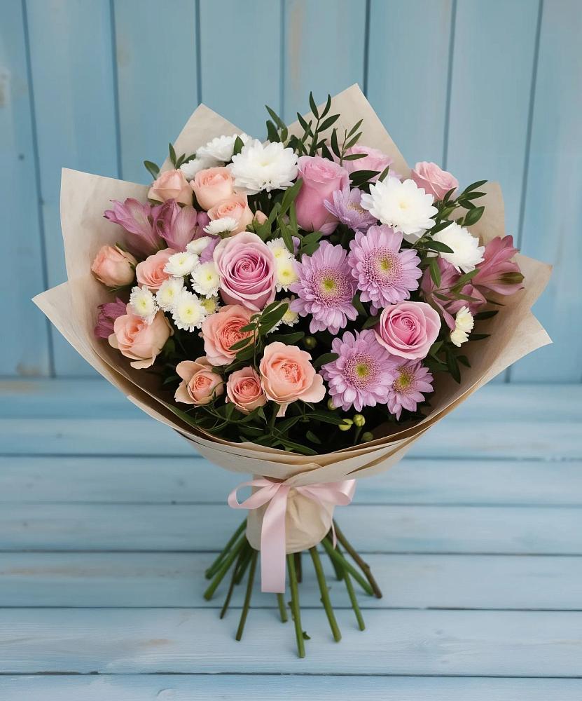 Букет цветов из: Хризантемы, Розы и Альстромерии в Шатск Тульская область