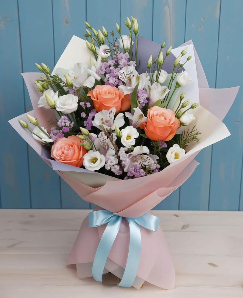 Букет цветов из: Лизиантусы, Розы, Альстромерии и Гипсофила в Шатск Тульская область