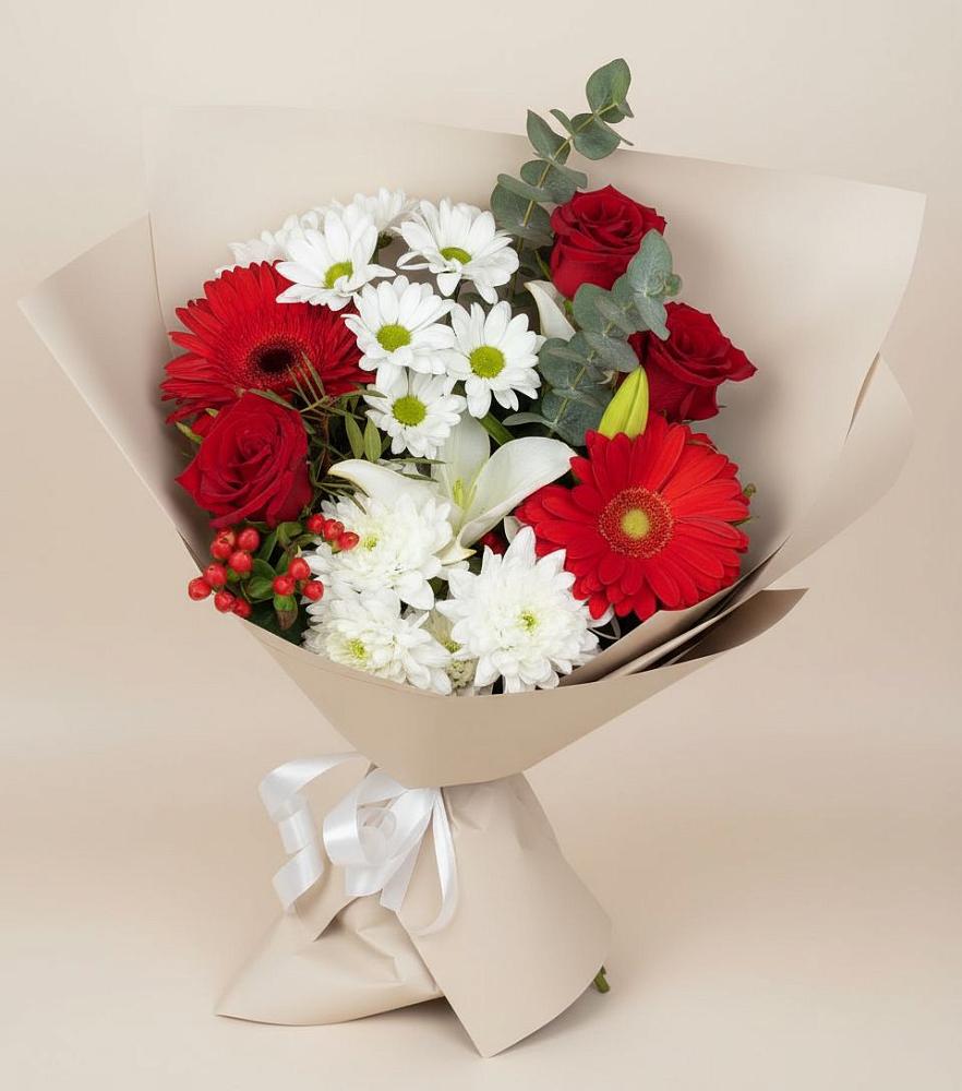 Букет цветов из: Розы, Хризантемы, Герберы и Лилии в Шатск Тульская область