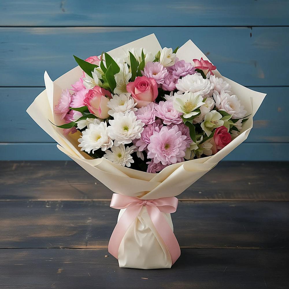 Букет цветов из: Хризантемы, Альстромерии и Розы в Шатск Тульская область